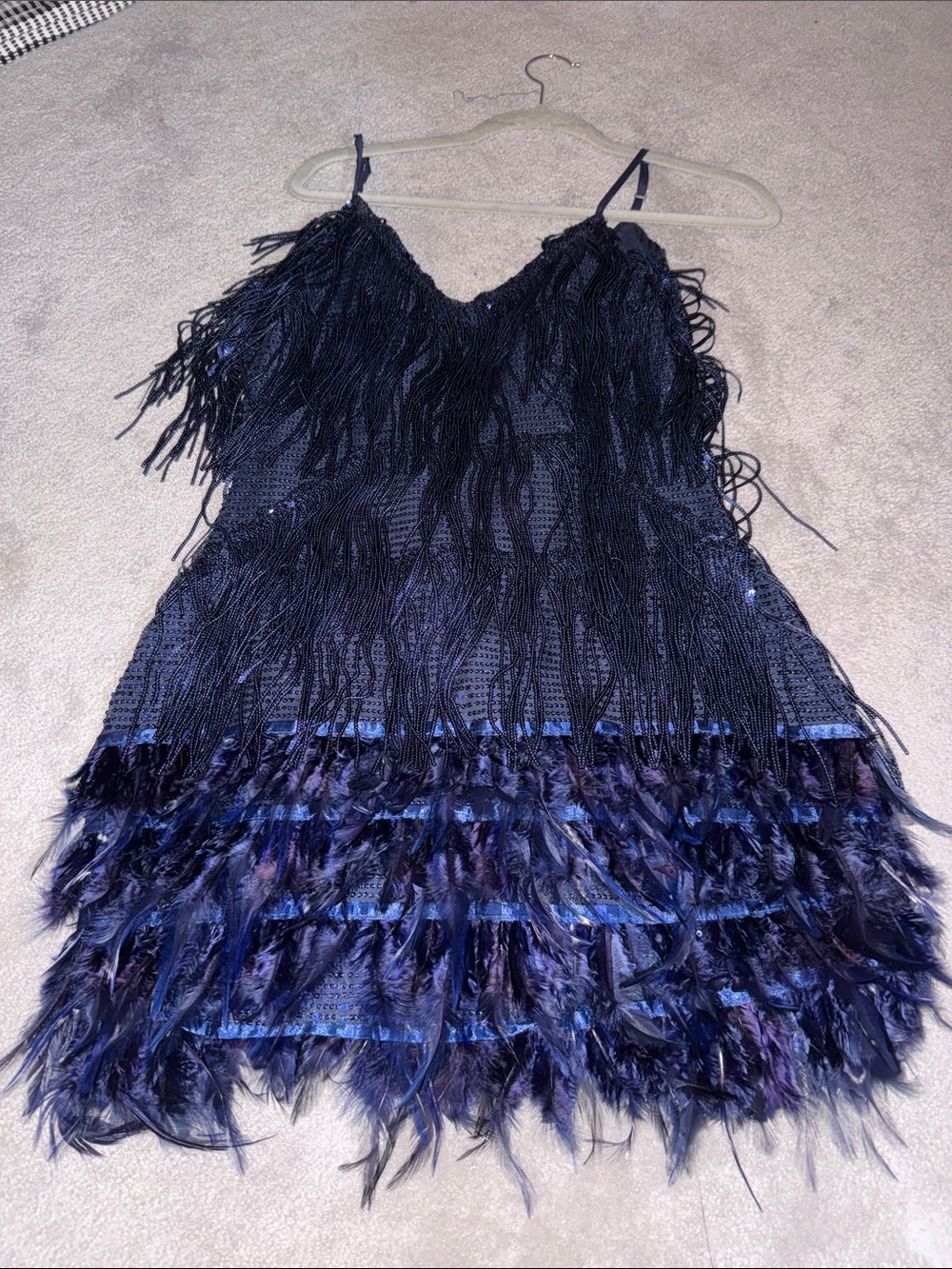 Navy Fringe & Feather Spaghetti Strap Dress FITS MORE LIKE S/M